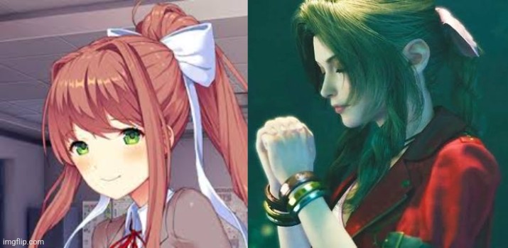 image tagged in monika,aerith preying | made w/ Imgflip meme maker