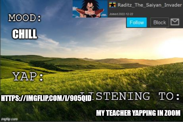 temp raditz | CHILL; HTTPS://IMGFLIP.COM/I/905QID; MY TEACHER YAPPING IN ZOOM | image tagged in temp raditz | made w/ Imgflip meme maker