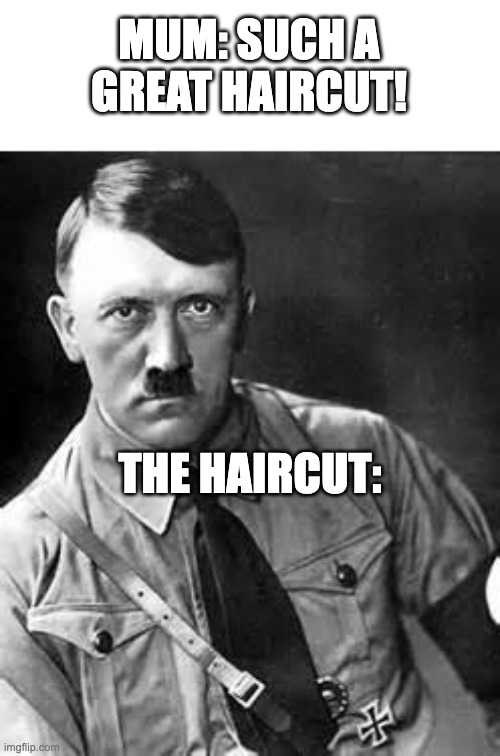 that barber is not getting a tip... | MUM: SUCH A GREAT HAIRCUT! THE HAIRCUT: | image tagged in adolf hitler,memes,bad haircut | made w/ Imgflip meme maker