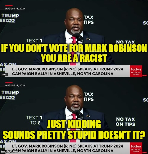 Identity politics is stupid | IF YOU DON'T VOTE FOR MARK ROBINSON
YOU ARE A RACIST; JUST KIDDING
SOUNDS PRETTY STUPID DOESN'T IT? | made w/ Imgflip meme maker