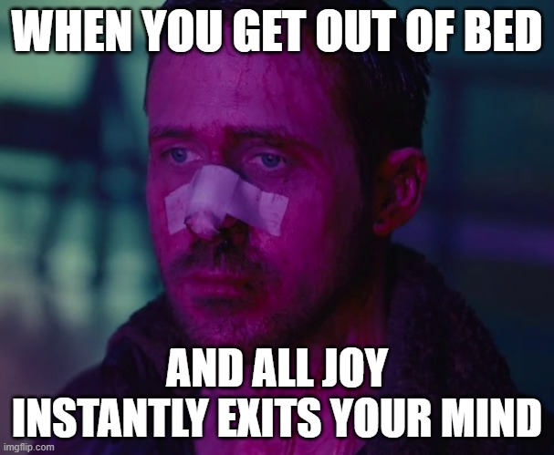 me this morning | WHEN YOU GET OUT OF BED; AND ALL JOY INSTANTLY EXITS YOUR MIND | image tagged in sad ryan gosling,depression | made w/ Imgflip meme maker