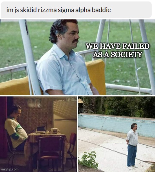 I have just experienced gen alpha brain rot in person... | WE HAVE FAILED AS A SOCIETY | image tagged in memes,sad pablo escobar | made w/ Imgflip meme maker