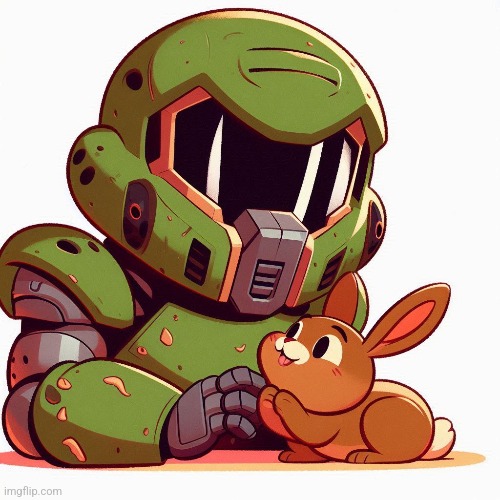 Doomguys cameo in TimeZone:Found playing with daisy(his rabbit). It's rather wholesome. | image tagged in game,wholesome,cute,doom,timezone,cartoon | made w/ Imgflip meme maker