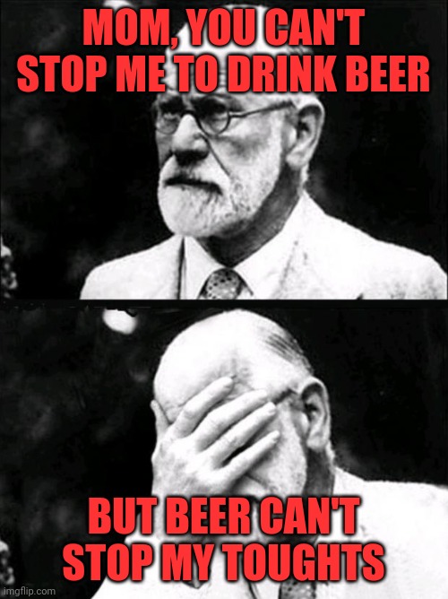 Freud | MOM, YOU CAN'T STOP ME TO DRINK BEER; BUT BEER CAN'T STOP MY TOUGHTS | image tagged in freud | made w/ Imgflip meme maker