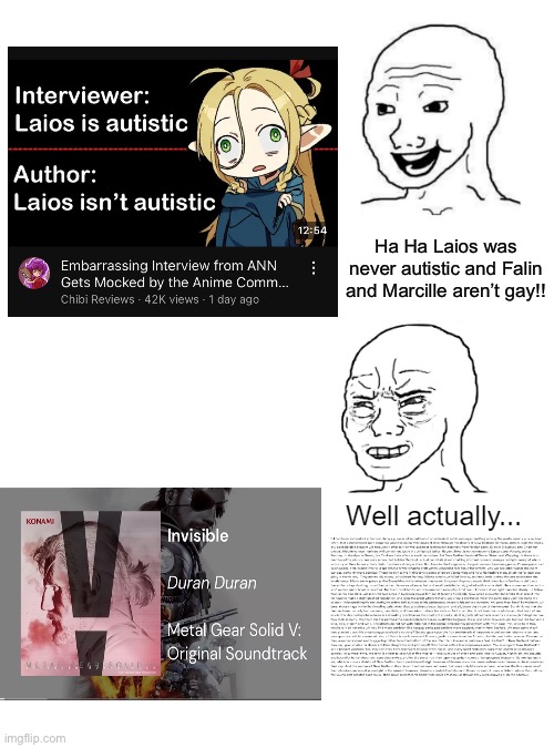 Well actually wojak | Ha Ha Laios was never autistic and Falin and Marcille aren’t gay!! | image tagged in well actually wojak,memes,metal gear,dungeon meshi,shitpost,funny memes | made w/ Imgflip meme maker