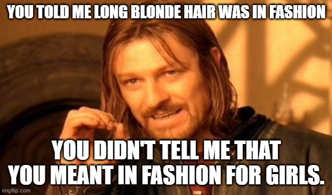 One Does Not Simply Meme | YOU TOLD ME LONG BLONDE HAIR WAS IN FASHION; YOU DIDN'T TELL ME THAT YOU MEANT IN FASHION FOR GIRLS. | image tagged in memes,one does not simply | made w/ Imgflip meme maker