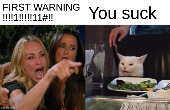 Woman Yelling At Cat | FIRST WARNING !!!!1!!!!!11#!! You suck | image tagged in memes,woman yelling at cat | made w/ Imgflip meme maker