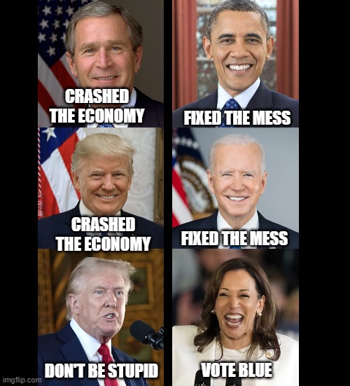 Vote GOP if you're bad at history -and- math | FIXED THE MESS; CRASHED THE ECONOMY; CRASHED THE ECONOMY; FIXED THE MESS; VOTE BLUE; DON'T BE STUPID | image tagged in economy,stupid | made w/ Imgflip meme maker