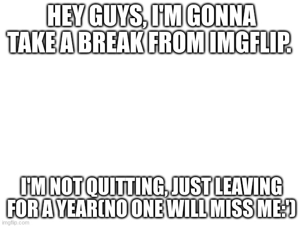 HEY GUYS, I'M GONNA TAKE A BREAK FROM IMGFLIP. I'M NOT QUITTING, JUST LEAVING FOR A YEAR(NO ONE WILL MISS ME:') | image tagged in depression sadness hurt pain anxiety | made w/ Imgflip meme maker