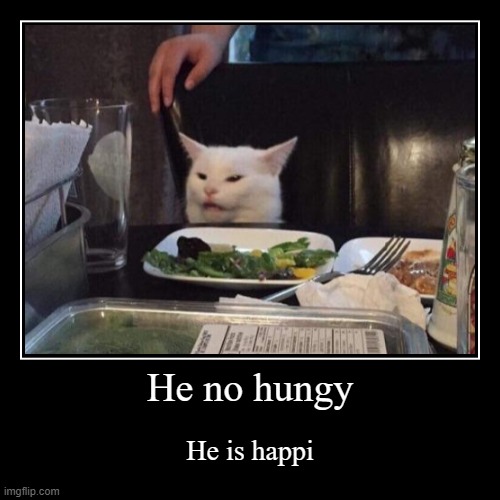 He no hungy | He is happi | image tagged in funny,demotivationals | made w/ Imgflip demotivational maker