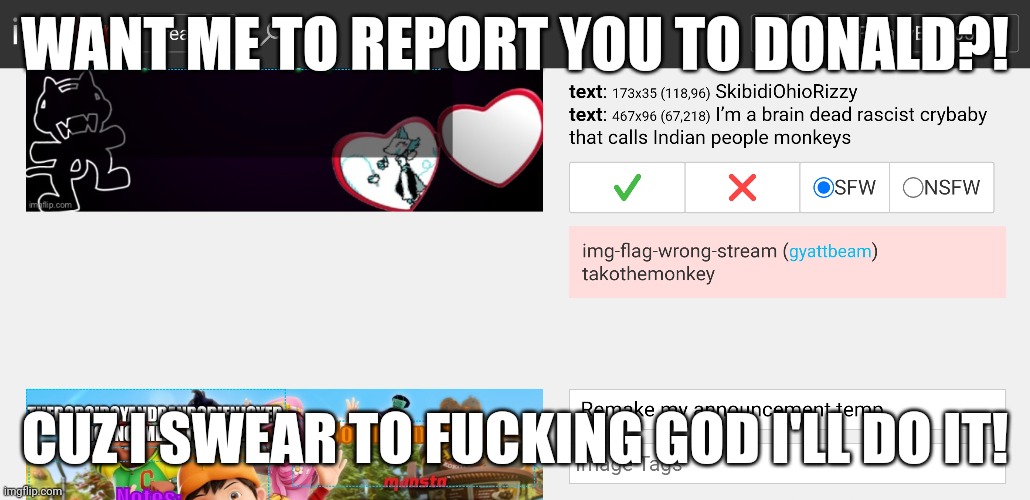 Bruh | WANT ME TO REPORT YOU TO DONALD?! CUZ I SWEAR TO FUCKING GOD I'LL DO IT! | image tagged in skill issue | made w/ Imgflip meme maker