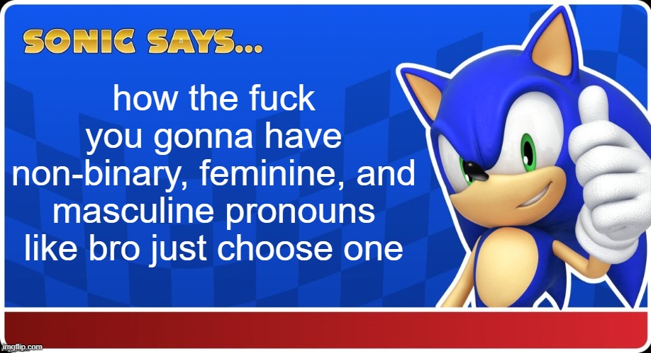 am i joking or am i not joking? we'll never know | how the fuck you gonna have non-binary, feminine, and masculine pronouns like bro just choose one | image tagged in sonic says s asr,im joking,no hate | made w/ Imgflip meme maker