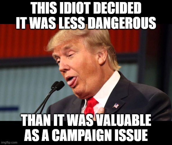 Stupid trump | THIS IDIOT DECIDED IT WAS LESS DANGEROUS THAN IT WAS VALUABLE AS A CAMPAIGN ISSUE | image tagged in stupid trump | made w/ Imgflip meme maker