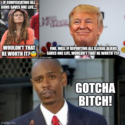 Gotcha trump liberal chappelle | IF CONFISCATING ALL GUNS SAVES ONE LIFE..... WOULDN'T THAT BE WORTH IT?😇; FINE, WELL IF DEPORTING ALL ILLEGAL ALIENS SAVES ONE LIFE, WOULDN'T THAT BE WORTH  IT? GOTCHA BITCH! | image tagged in memes,college liberal,donald trump approves,dave chappelle | made w/ Imgflip meme maker