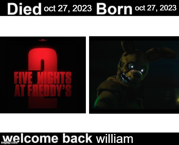 springtrap is obv gonna be in the movie | oct 27, 2023; oct 27, 2023; william | image tagged in born died welcome back,springtrap | made w/ Imgflip meme maker