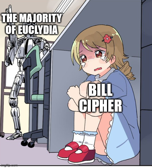 bill after being born | THE MAJORITY OF EUCLYDIA; BILL CIPHER | image tagged in anime terminator | made w/ Imgflip meme maker