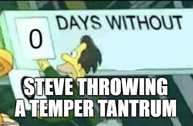 Steve | STEVE THROWING A TEMPER TANTRUM | image tagged in 0 days without lenny simpsons | made w/ Imgflip meme maker