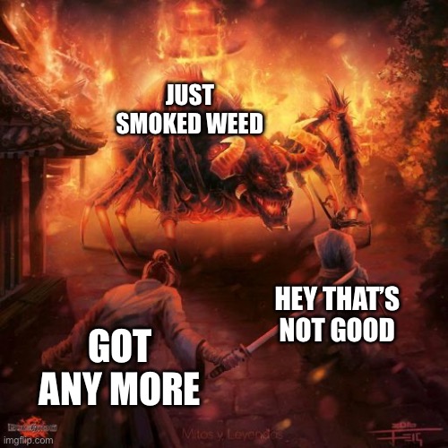 Badass spider thing | JUST SMOKED WEED; HEY THAT’S NOT GOOD; GOT ANY MORE | image tagged in badass spider thing | made w/ Imgflip meme maker