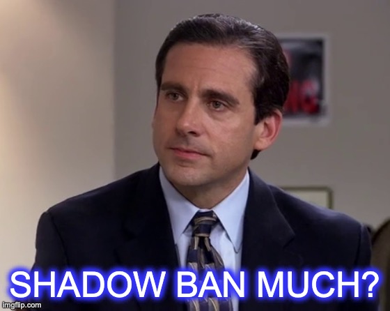 SHADOW BAN MUCH? | image tagged in michael scott | made w/ Imgflip meme maker