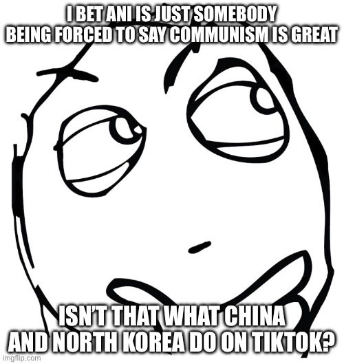 derp thinking | I BET ANI IS JUST SOMEBODY BEING FORCED TO SAY COMMUNISM IS GREAT; ISN’T THAT WHAT CHINA AND NORTH KOREA DO ON TIKTOK? | image tagged in derp thinking | made w/ Imgflip meme maker