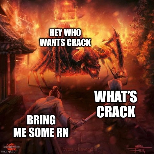 Badass spider thing | HEY WHO WANTS CRACK; WHAT’S CRACK; BRING ME SOME RN | image tagged in badass spider thing | made w/ Imgflip meme maker