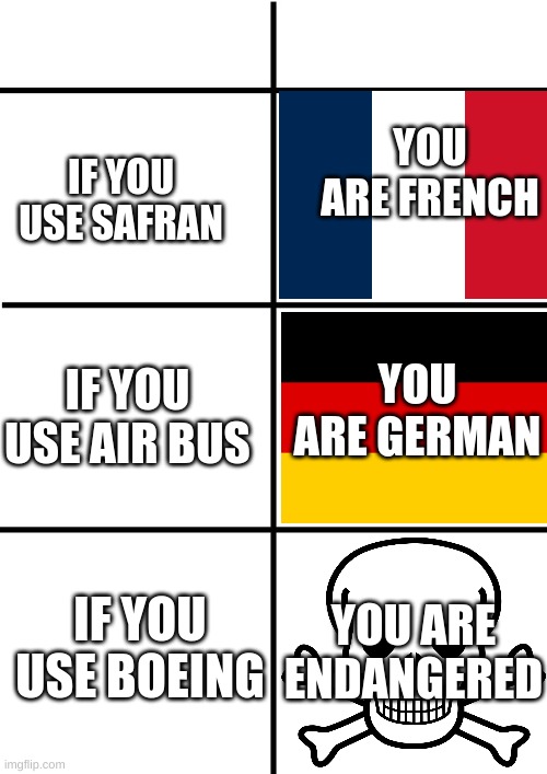 very true | YOU ARE FRENCH; IF YOU USE SAFRAN; YOU ARE GERMAN; IF YOU USE AIR BUS; IF YOU USE BOEING; YOU ARE ENDANGERED | image tagged in comparison chart,airplane,plane,real life | made w/ Imgflip meme maker