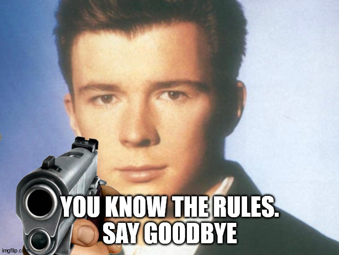 You know the rules and so do I. SAY GOODBYE. | YOU KNOW THE RULES.
SAY GOODBYE | image tagged in you know the rules and so do i say goodbye | made w/ Imgflip meme maker