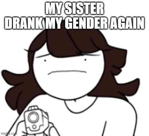 sad Jaiden with gun | MY SISTER DRANK MY GENDER AGAIN | image tagged in sad jaiden with gun,gender fluid | made w/ Imgflip meme maker