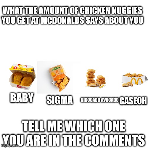 Chicken nuggies | WHAT THE AMOUNT OF CHICKEN NUGGIES YOU GET AT MCDONALDS SAYS ABOUT YOU; BABY; NICOCADO AVOCADO; SIGMA; CASEOH; TELL ME WHICH ONE YOU ARE IN THE COMMENTS | image tagged in food,mcdonalds,caseoh | made w/ Imgflip meme maker