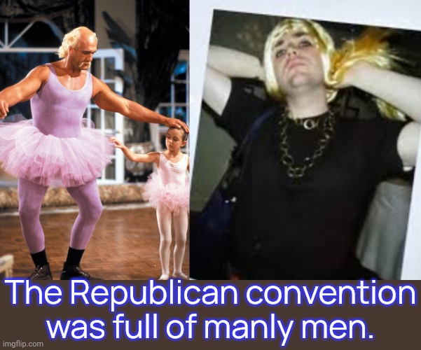 And they accuse us of getting gender mixed up! | The Republican convention was full of manly men. | image tagged in hulk hogan in a tutu,anita sofa is jd vance drag nane,crossdressing,conservatives | made w/ Imgflip meme maker