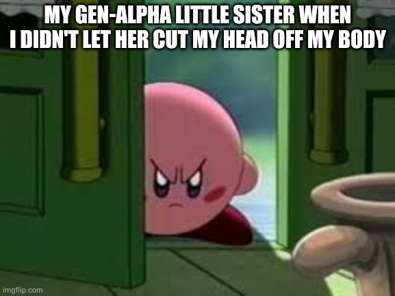 She ruined my life | MY GEN-ALPHA LITTLE SISTER WHEN I DIDN'T LET HER CUT MY HEAD OFF MY BODY | image tagged in pissed off kirby,gen alpha,kids | made w/ Imgflip meme maker