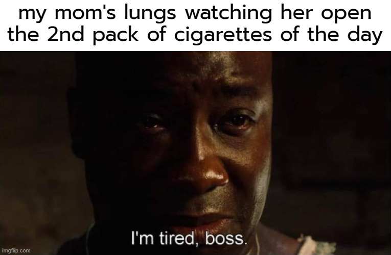 this also applies to my brother, he also smokes | my mom's lungs watching her open the 2nd pack of cigarettes of the day | image tagged in i'm tired boss | made w/ Imgflip meme maker