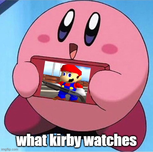 Kirby holding a sign | what kirby watches | image tagged in kirby holding a sign,mario smg4 | made w/ Imgflip meme maker