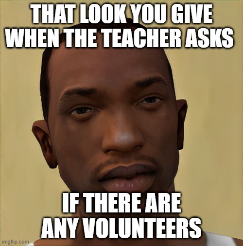 volunteers | THAT LOOK YOU GIVE WHEN THE TEACHER ASKS; IF THERE ARE ANY VOLUNTEERS | image tagged in memes | made w/ Imgflip meme maker