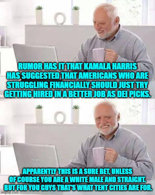 Ummmmm . . . tent cities; the go-to leftist solution set. | RUMOR HAS IT THAT KAMALA HARRIS HAS SUGGESTED THAT AMERICANS WHO ARE STRUGGLING FINANCIALLY SHOULD JUST TRY GETTING HIRED IN A BETTER JOB AS DEI PICKS. APPARENTLY THIS IS A SURE BET, UNLESS OF COURSE YOU ARE A WHITE MALE AND STRAIGHT.  BUT FOR YOU GUYS THAT'S WHAT TENT CITIES ARE FOR. | image tagged in hide the pain harold | made w/ Imgflip meme maker