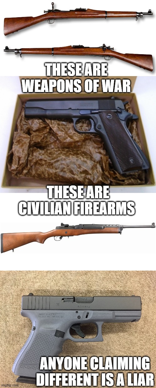 Weapons of war vs. civilian firearms | THESE ARE WEAPONS OF WAR; THESE ARE CIVILIAN FIREARMS; ANYONE CLAIMING DIFFERENT IS A LIAR | image tagged in gun banning,gun control,america,democrats,republican,constitution | made w/ Imgflip meme maker