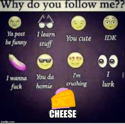 :) | CHEESE | image tagged in extra freaky why do you follow me | made w/ Imgflip meme maker