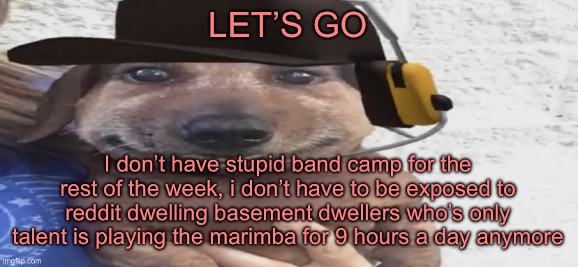 chucklenuts | LET’S GO; I don’t have stupid band camp for the rest of the week, i don’t have to be exposed to reddit dwelling basement dwellers who’s only talent is playing the marimba for 9 hours a day anymore | image tagged in chucklenuts | made w/ Imgflip meme maker