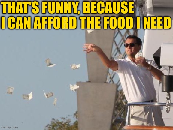 Leonardo DiCaprio throwing Money  | THAT’S FUNNY, BECAUSE I CAN AFFORD THE FOOD I NEED | image tagged in leonardo dicaprio throwing money | made w/ Imgflip meme maker