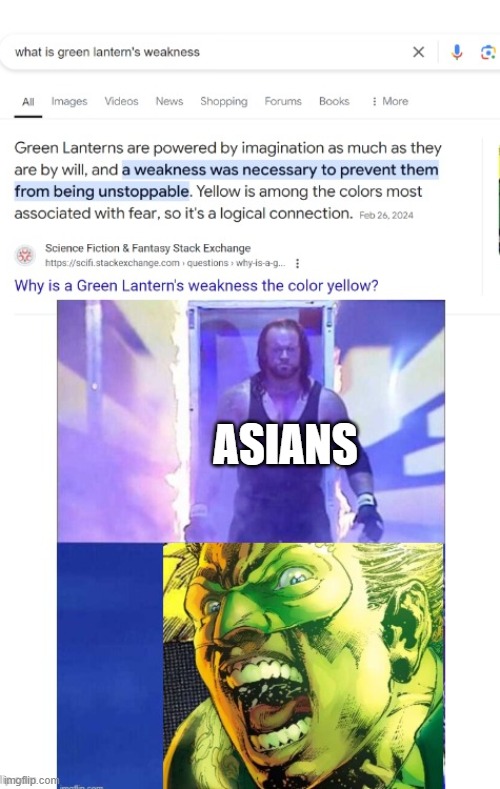 "I'm cooked" I said after reading the comments | ASIANS | image tagged in green lantern,yellow,weakness | made w/ Imgflip meme maker