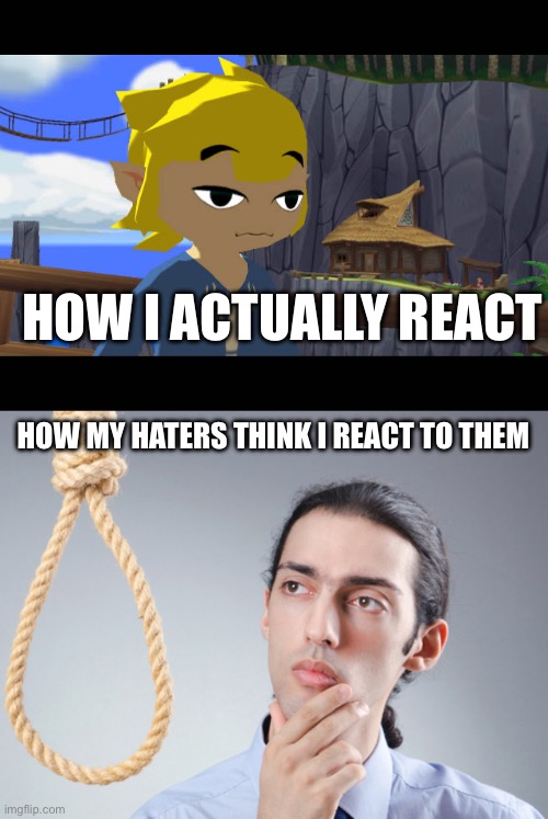 HOW I ACTUALLY REACT; HOW MY HATERS THINK I REACT TO THEM | image tagged in high toon link,noose | made w/ Imgflip meme maker