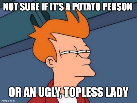 Futurama Fry Meme | NOT SURE IF IT'S A POTATO PERSON OR AN UGLY, TOPLESS LADY | image tagged in memes,futurama fry | made w/ Imgflip meme maker