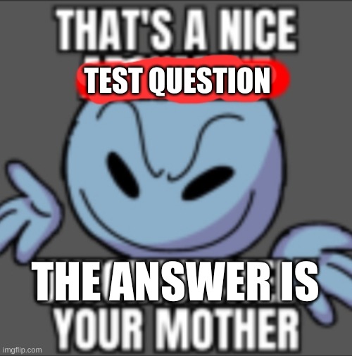 That's a nice. Unfortunately your mother | TEST QUESTION THE ANSWER IS | image tagged in that's a nice unfortunately your mother | made w/ Imgflip meme maker