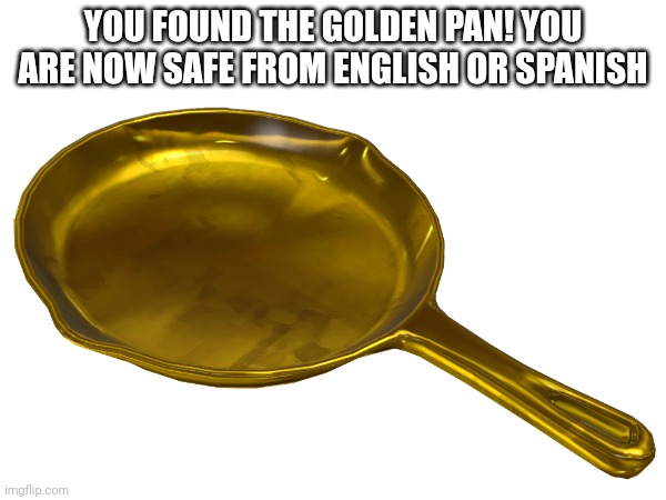 ENGLISH OR SPANISH | YOU FOUND THE GOLDEN PAN! YOU ARE NOW SAFE FROM ENGLISH OR SPANISH | image tagged in gay,golden | made w/ Imgflip meme maker