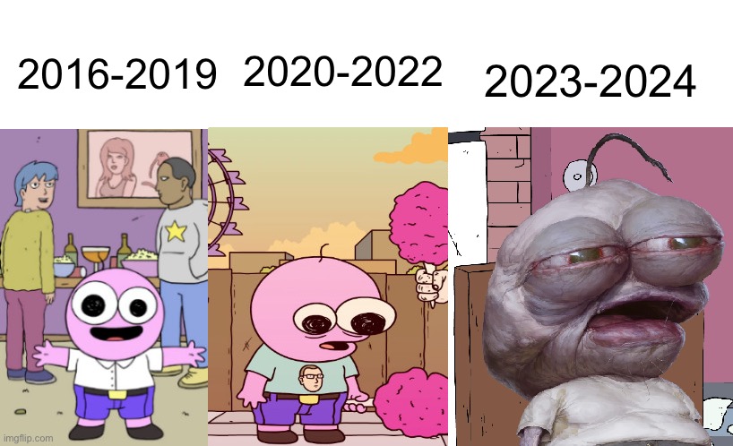 remember the days ?? | 2023-2024; 2020-2022; 2016-2019 | image tagged in pim from smiling friends has an existential crisis,2020 sucked,2024 | made w/ Imgflip meme maker