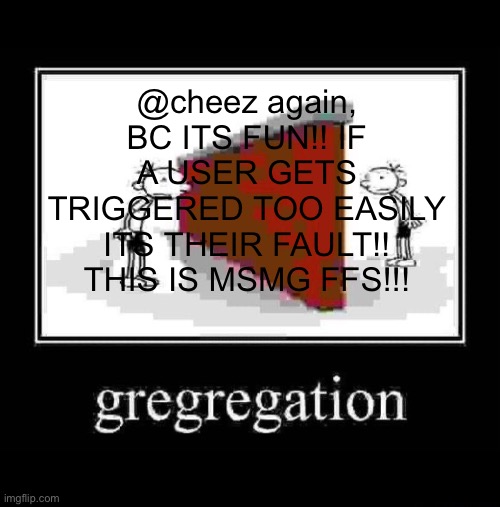 gregregation | @cheez again, BC ITS FUN!! IF A USER GETS TRIGGERED TOO EASILY ITS THEIR FAULT!! THIS IS MSMG FFS!!! | image tagged in gregregation | made w/ Imgflip meme maker