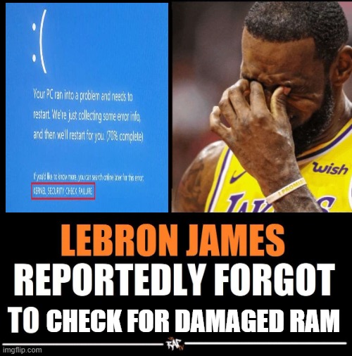 legit the doom of my old pc | CHECK FOR DAMAGED RAM | image tagged in lebron james reportedly forgot to | made w/ Imgflip meme maker