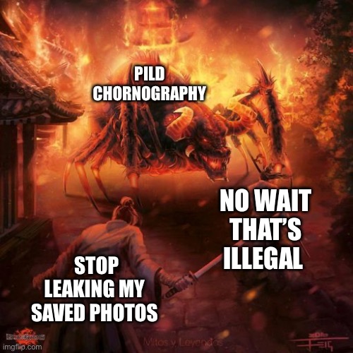 Badass spider thing | PILD CHORNOGRAPHY; NO WAIT THAT’S ILLEGAL; STOP LEAKING MY SAVED PHOTOS | image tagged in badass spider thing | made w/ Imgflip meme maker