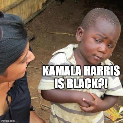 Third World Skeptical Kid | KAMALA HARRIS IS BLACK?! | image tagged in memes,third world skeptical kid | made w/ Imgflip meme maker