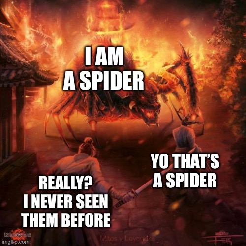 Badass spider thing | I AM A SPIDER; YO THAT’S A SPIDER; REALLY? I NEVER SEEN THEM BEFORE | image tagged in badass spider thing | made w/ Imgflip meme maker
